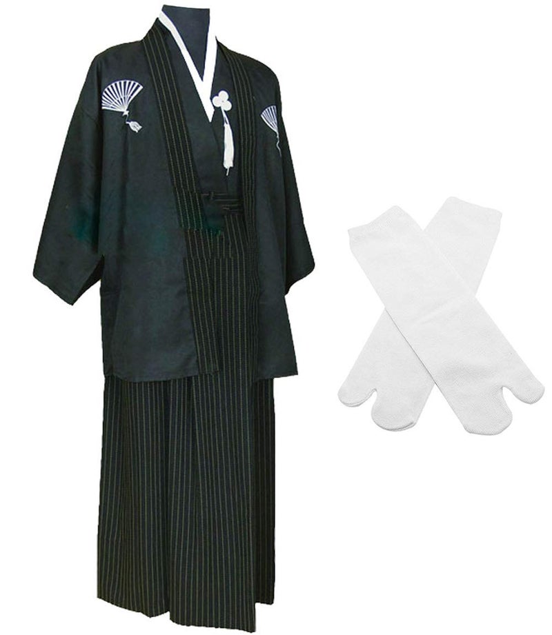 Elibelle Japanese Kimono Hakama Bushi Mens Uniform with Tabi Socks Set(CHF010) Black M
